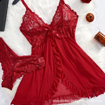 Women  2 Pcs Set Lace Nightgown Lingerie Set Red Color